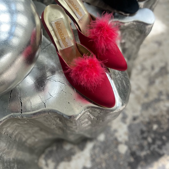 Red and black satin true vintage sexy mules size 8 new and in worn condition 70s - Picture 11 of 16
